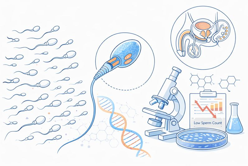 Scientific illustration of sperm health and reproduction